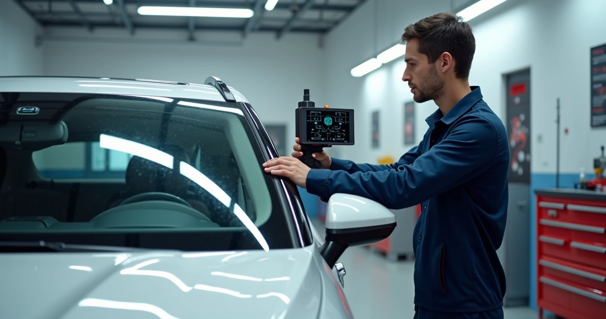 Equipamento de calibração alinhando sensores ADAS em oficina automotiva