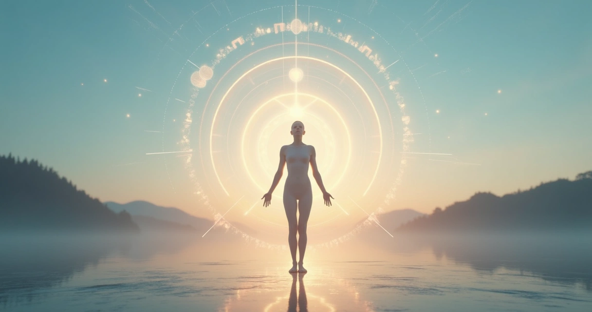 Pessoa em pé alinhada com círculos de energia ao redor do corpo 