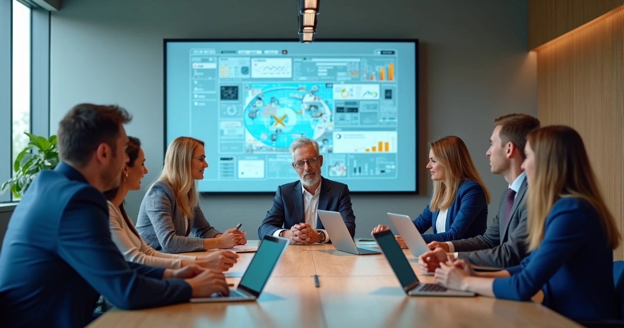 Equipe de TI e setor de negócios reunidos ao redor de uma mesa, discutindo e trocando ideias com tablets e notebooks 