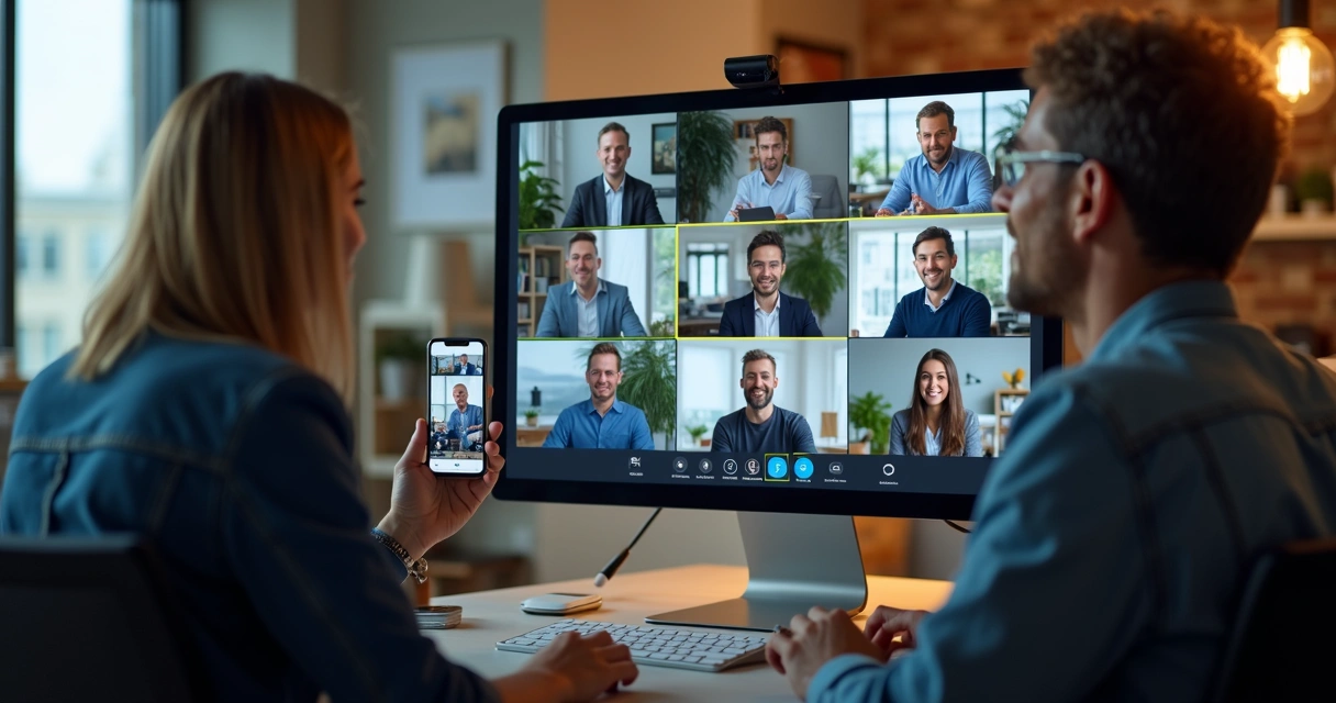 Equipe de vendas remota conectada em videoconferência compartilhando dados comerciais 