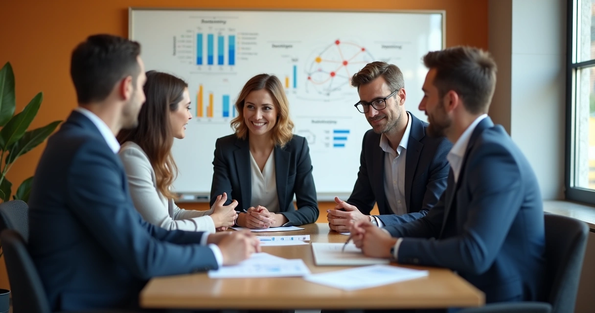 Times de marketing e vendas reunidos discutindo estratégias com gráficos ao fundo 