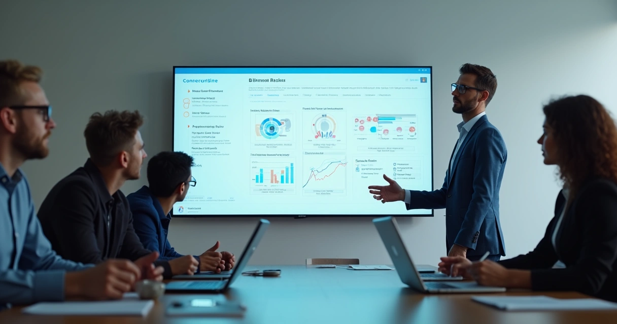 Gestor conversando com colaboradores em reunião, todos participando do debate sobre metas e resultados em tempo real 