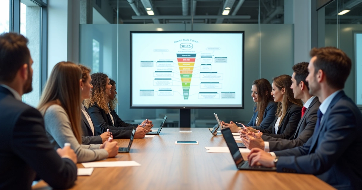 Reunião de alinhamento entre equipes de marketing, pré-vendas e vendas B2B 