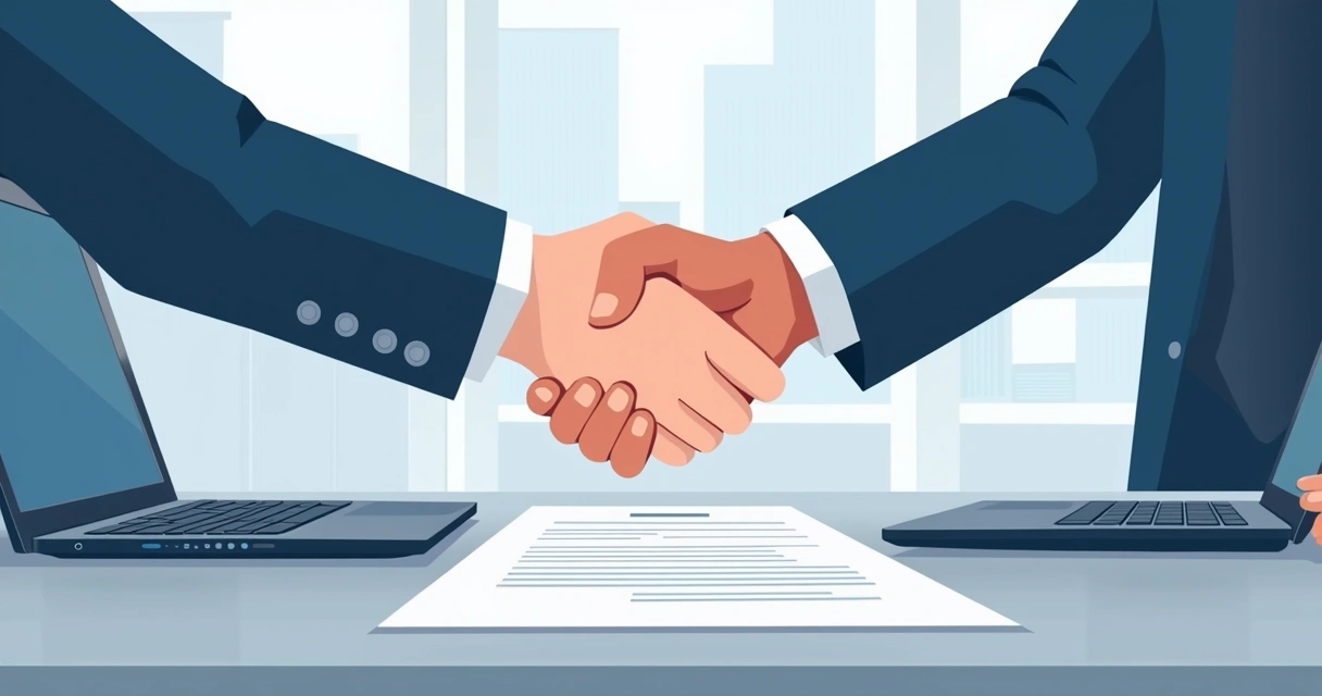 Dois profissionais apertando as mãos sobre um contrato, logo da empresa ao fundo