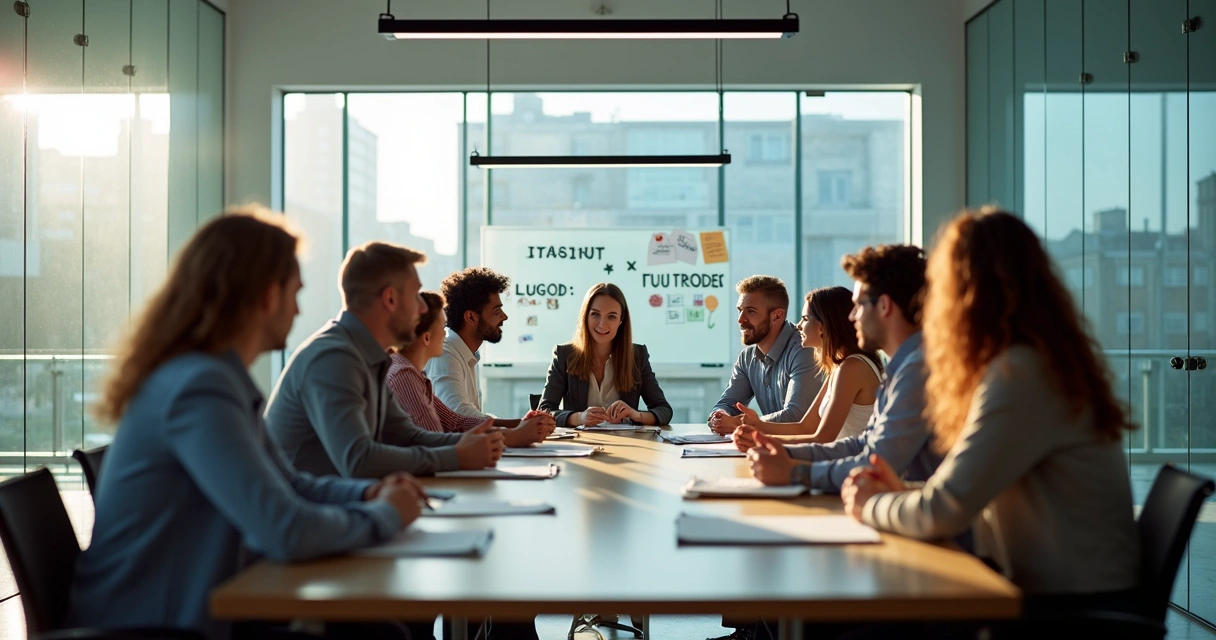 Equipe reunida ao redor de mesa discutindo metas alinhadas aos valores 
