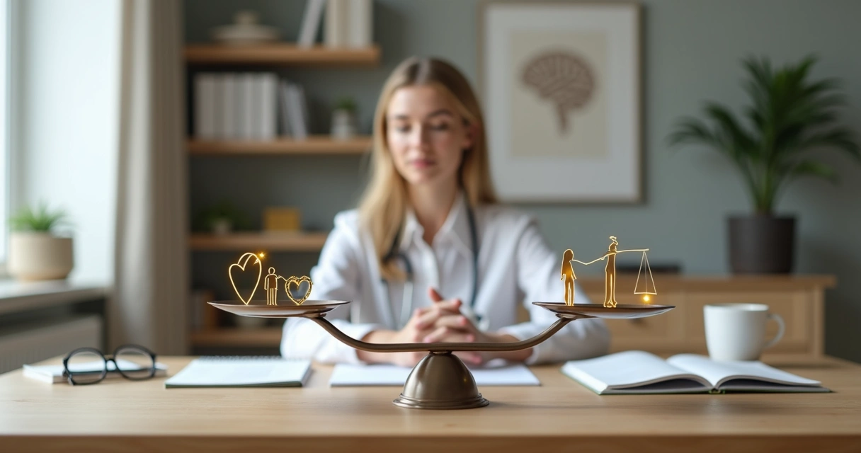 Psicóloga diante de balança entre valores pessoais e ética profissional 