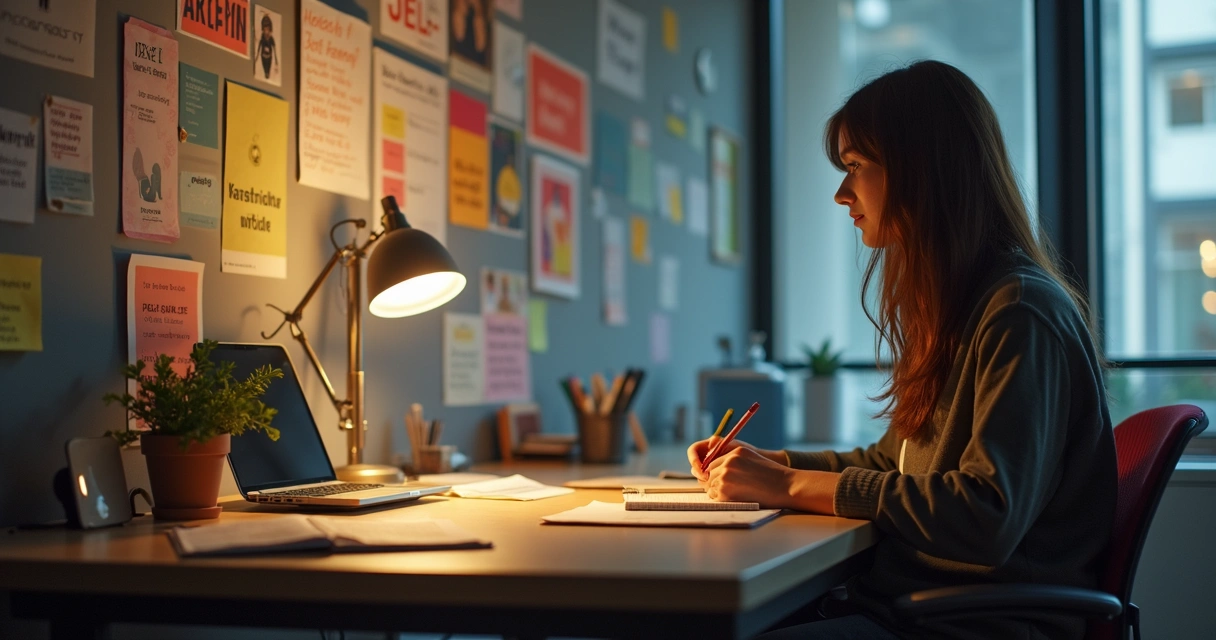 Pessoa refletindo sobre metas profissionais diante de mural com palavras motivacionais 