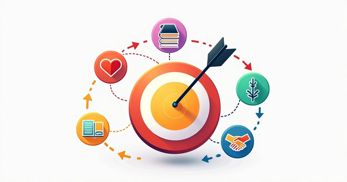 Gráfico mostrando setas conectando valores pessoais a metas específicas 