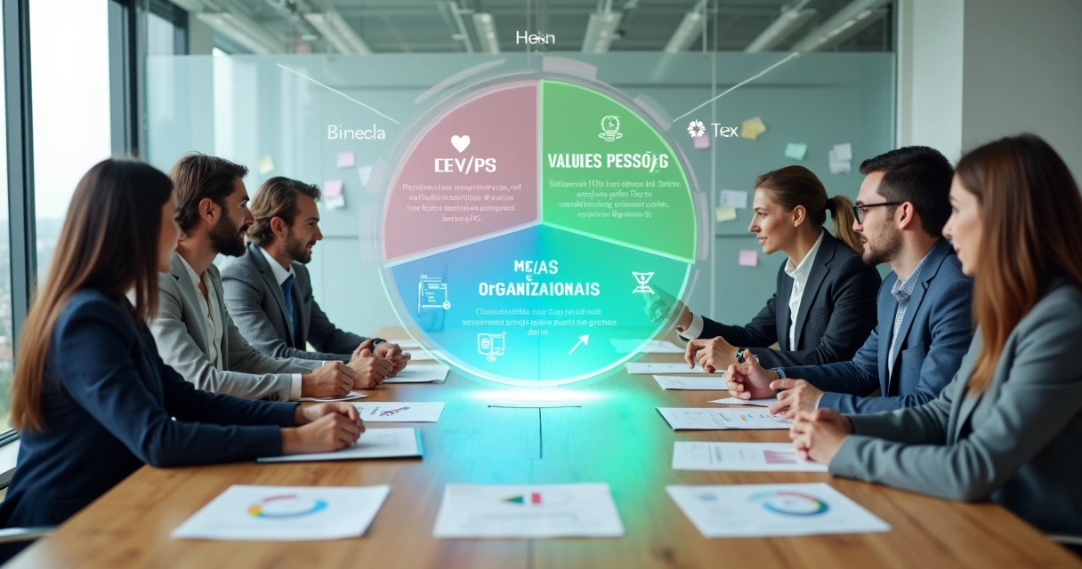 Equipe de negócios unida em mesa de reunião com metas e valores alinhados 