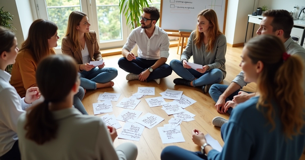 Grupo de pessoas reunidas em círculo discutindo valores organizacionais em papeis 