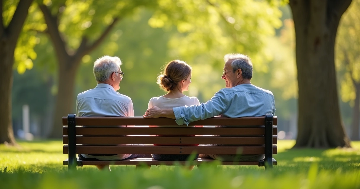 Três pessoas conversando em clima amigável ao ar livre