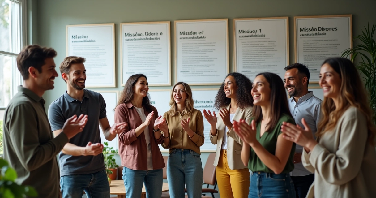 Equipe confraternizando ao redor de missão e valores da empresa 