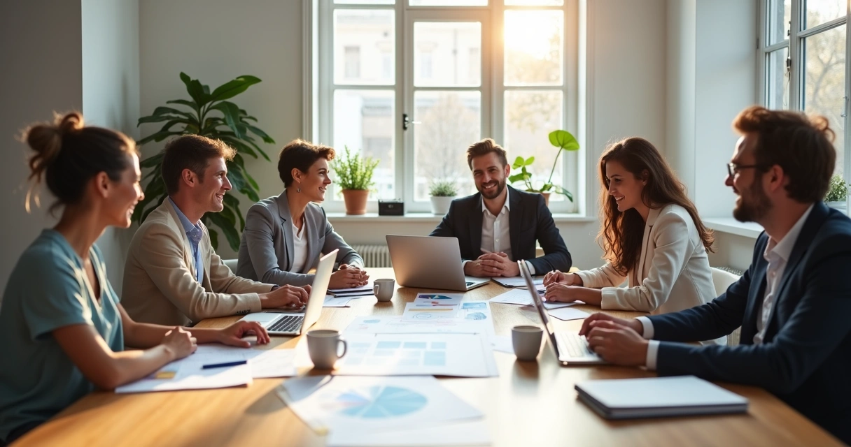 Pessoas reunidas em escritório discutindo ideias ao redor de uma mesa 