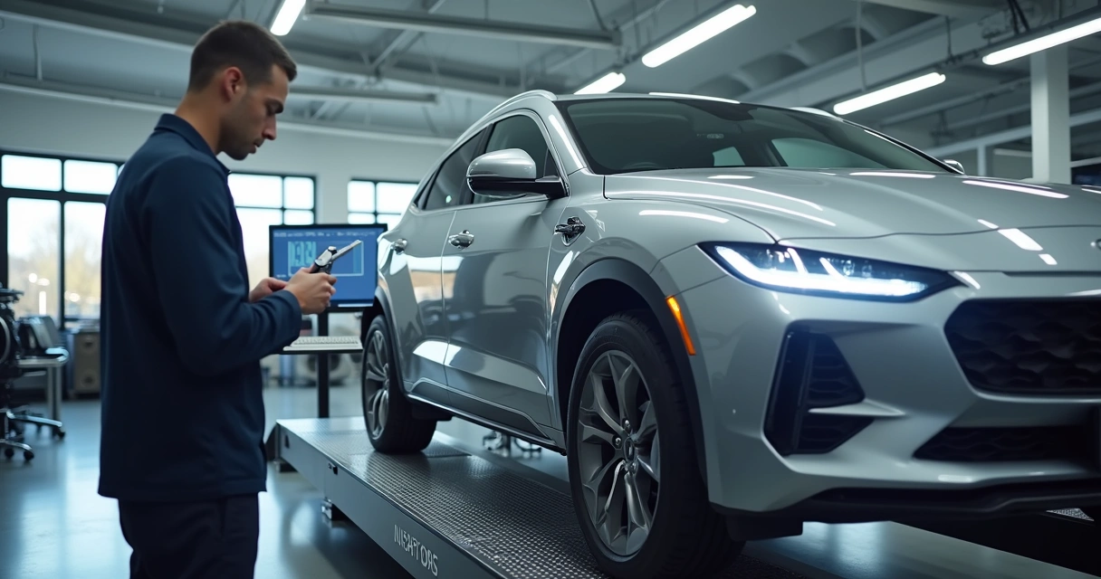 Técnico realizando alinhamento de rodas em veículo moderno em estação de serviço automotiva limpa e iluminada 