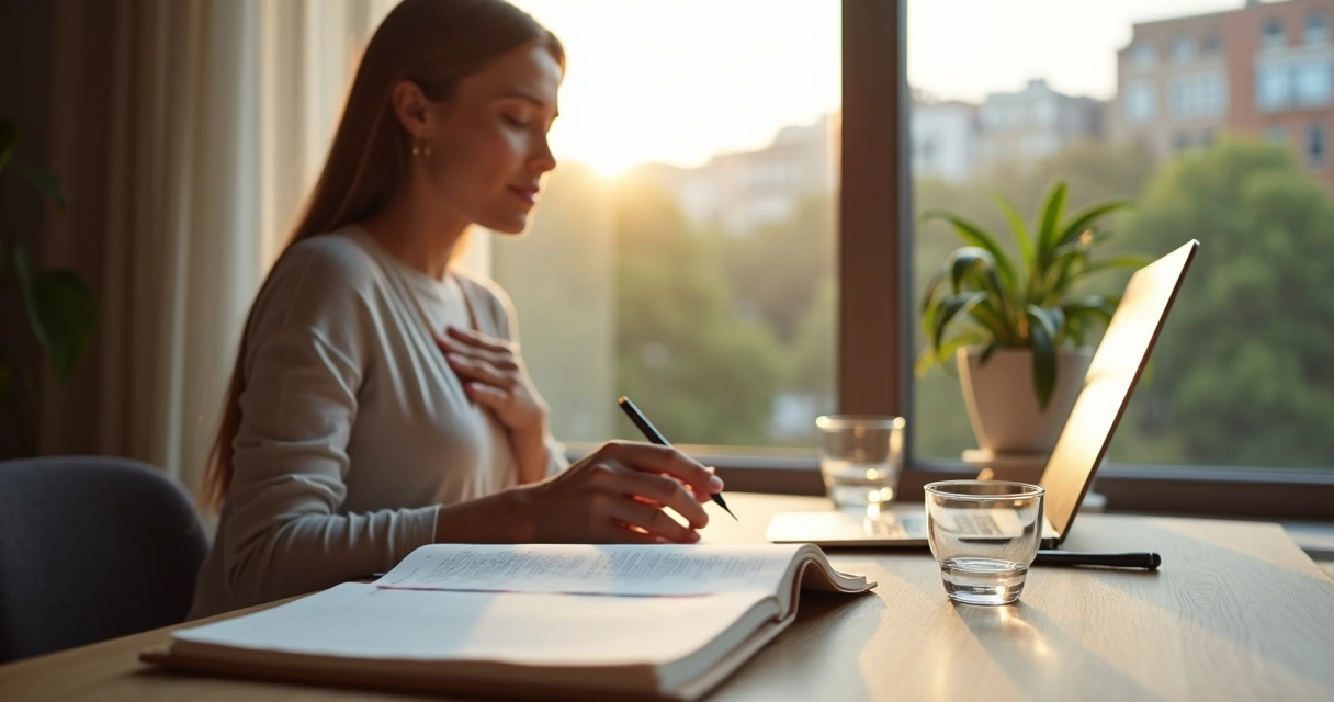 Pessoa sentada em silêncio com mão no peito e caderno aberto sobre a mesa 