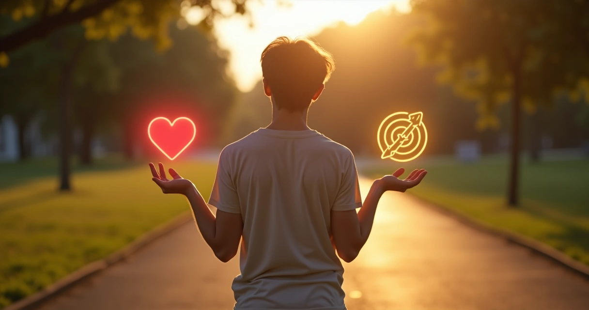 Pessoa em pé em uma encruzilhada equilibrando coração e símbolo de propósito 