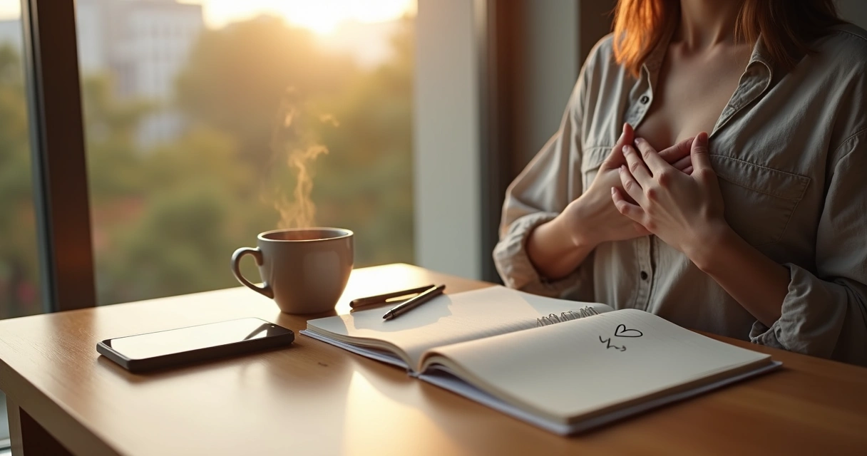 Pessoa refletindo em frente a janela com caderno e xícara de chá sobre a mesa 