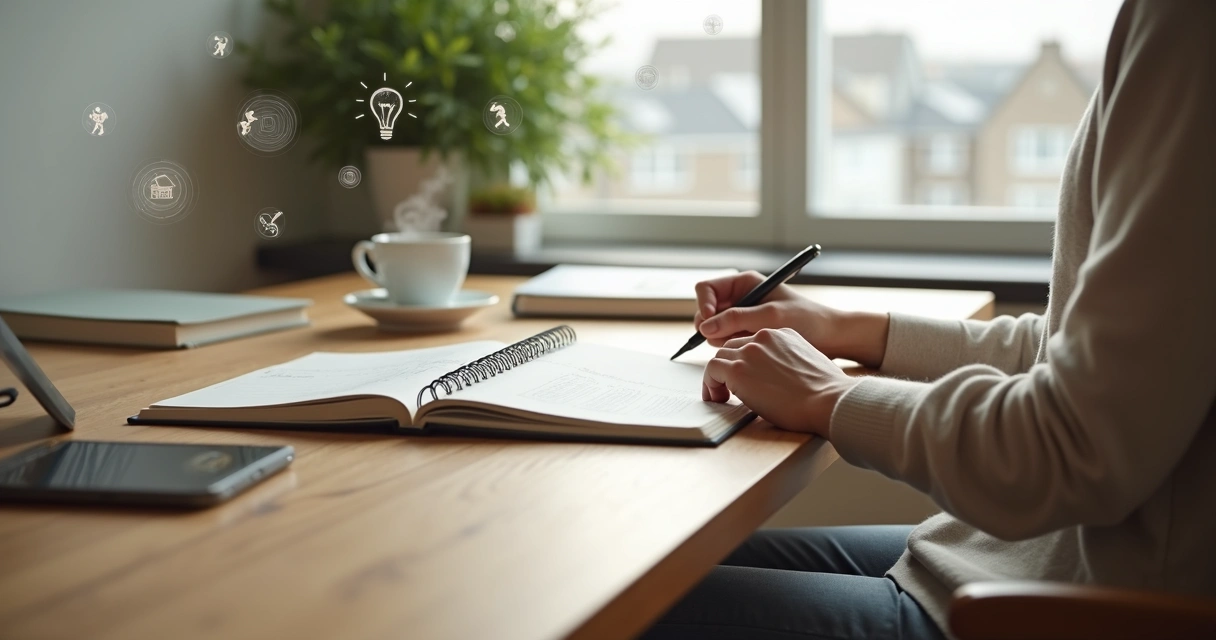 Pessoa sentada à mesa escrevendo em caderno ao lado de xícara de café e janela iluminada 