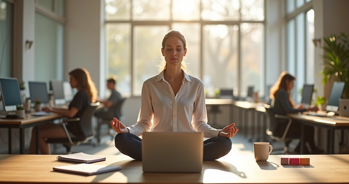 Profissional sentado à mesa de trabalho com luz natural meditando antes de planejar o dia 