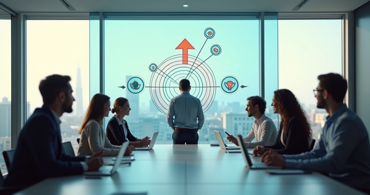 Líder e equipe alinhando objetivos em frente a painel com seta em ascensão 