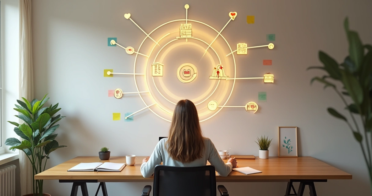 Pessoa ajustando metas pessoais conectadas a um grande símbolo de propósito coletivo 