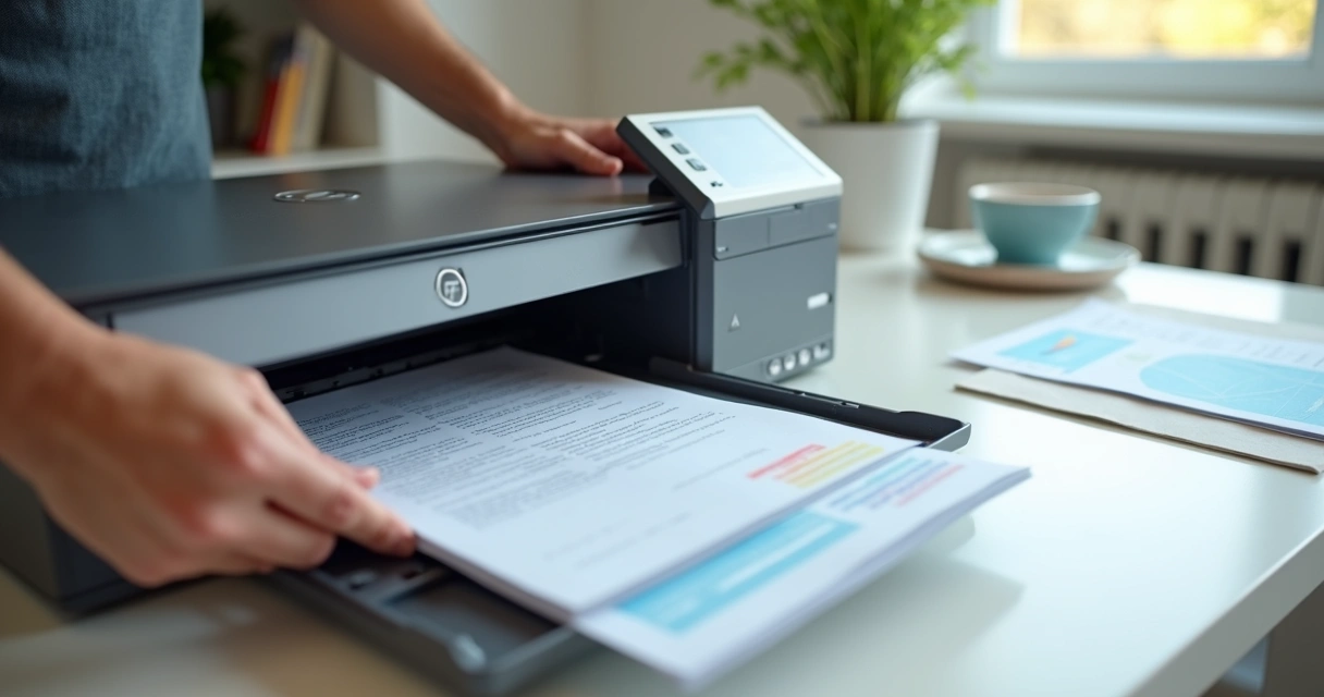 Pessoa ajustando papel corretamente na bandeja da impressora 