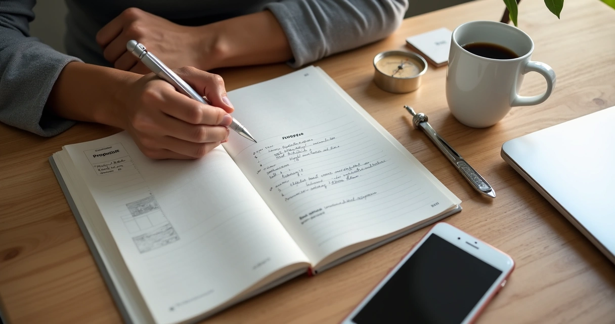 Pessoa anotando reflexões em caderno com símbolo de bússola ao lado de xícara de café em mesa de trabalho 