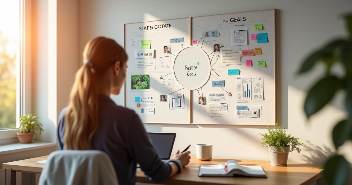 Pessoa observando mural com metas profissionais alinhadas ao propósito pessoal 