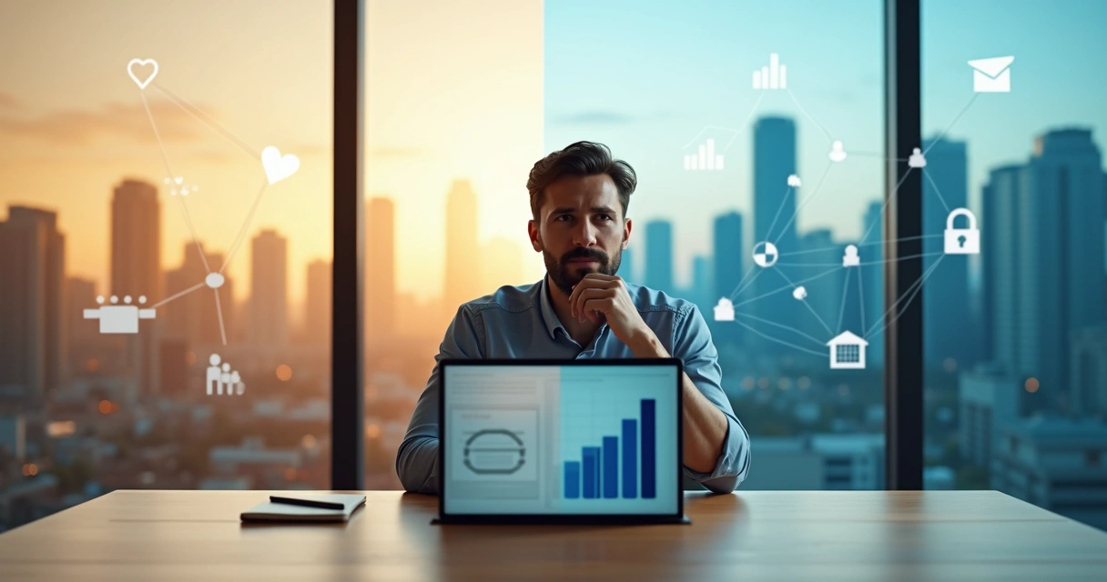 Profissional em escritório olhando dois caminhos diferentes simbolizando propósito e resultado 