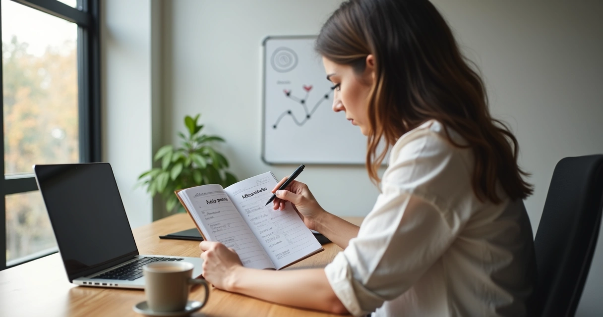 Profissional sentado à mesa alinhando valores pessoais e metas de carreira em um caderno 