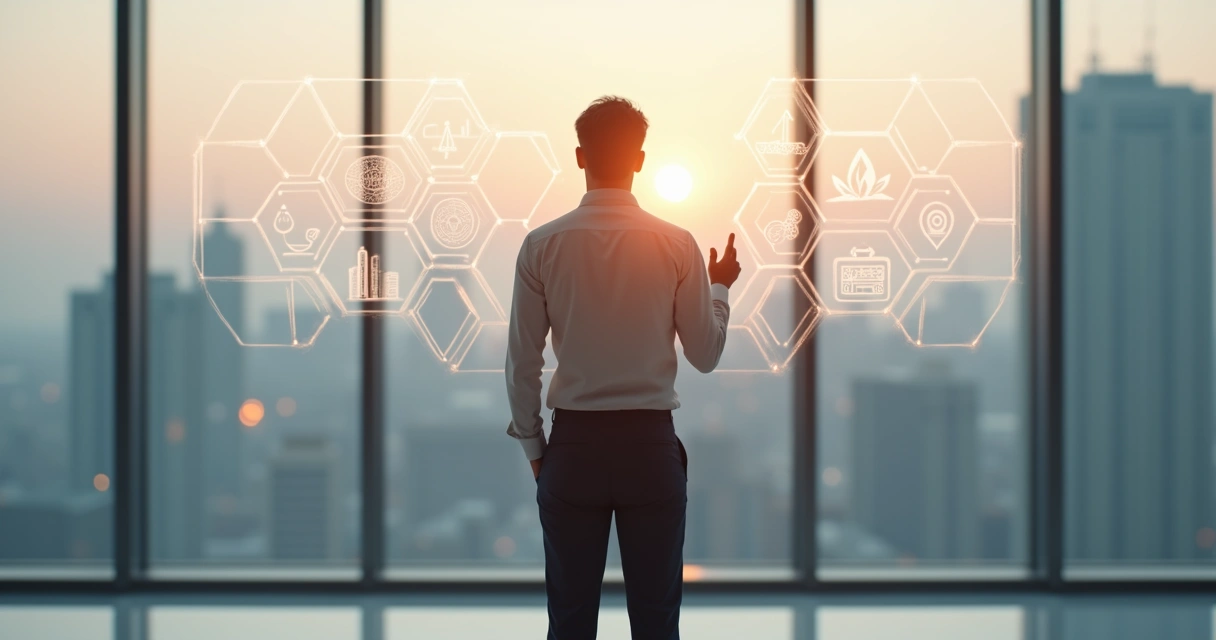 Profissional olhando painel com ícones de valores e objetivos de carreira 