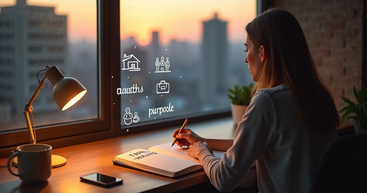 Pessoa escrevendo valores pessoais em um caderno com ícones de escolhas ao redor 