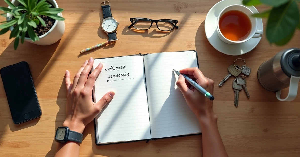 Pessoa escrevendo valores pessoais em um caderno sobre uma mesa organizada 