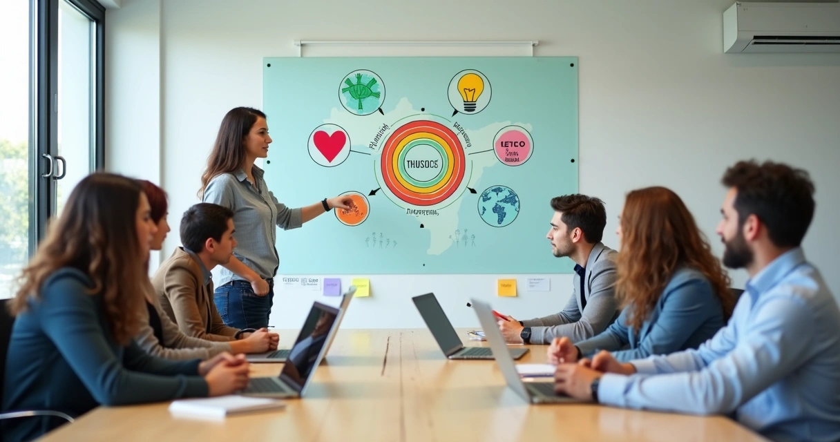 Grupo diverso em reunião alinhando valores pessoais e metas coletivas em painel com ícones de objetivos 