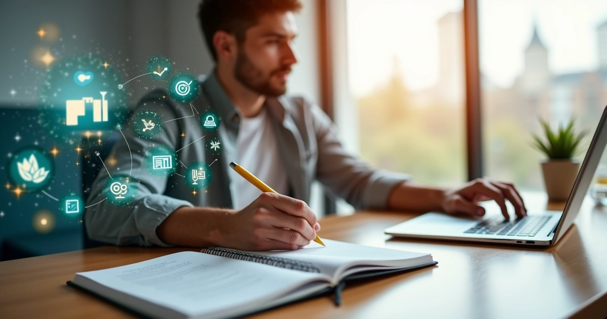 Profissional em escritório planejando metas com símbolos de valores pessoais ao fundo 