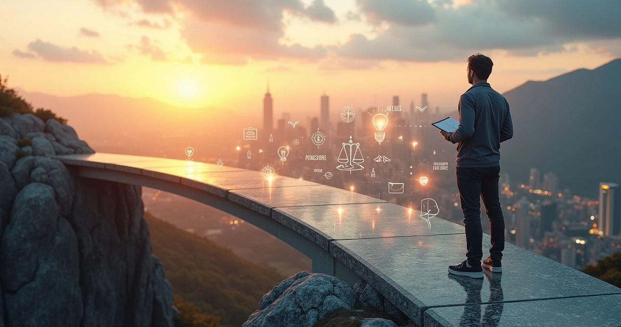 Profissional observando ponte entre montanha dos valores e cidade das metas 