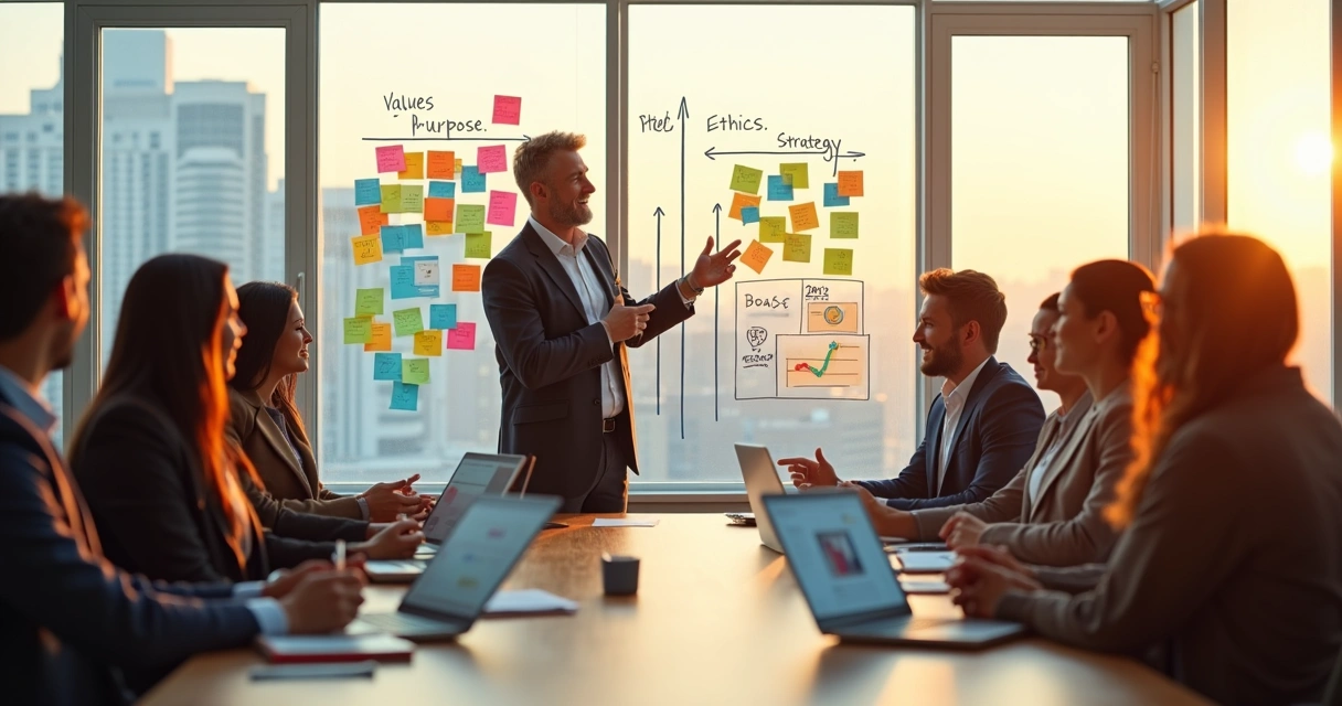 Líder e equipe alinhando valores pessoais à estratégia da empresa em reunião moderna 