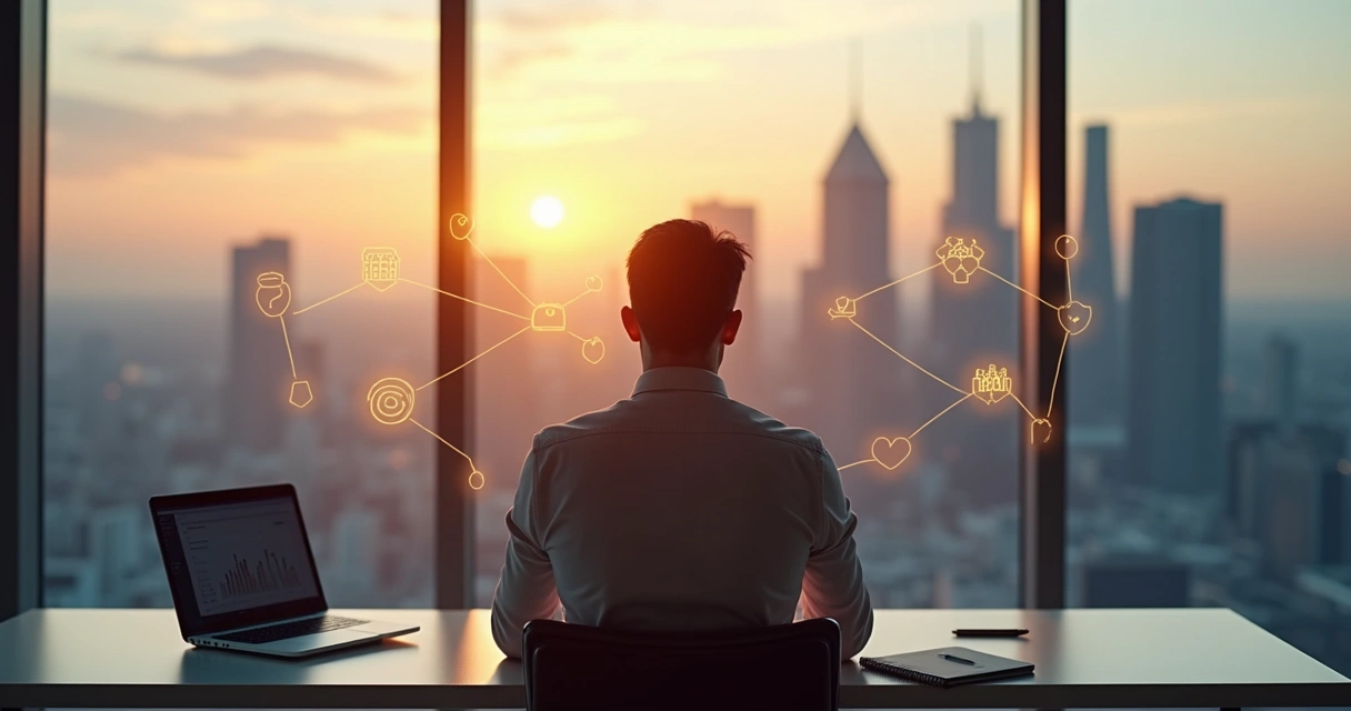 Profissional em escritório olhando para cidade ao pôr do sol com ícones de valores e propósito ao redor 