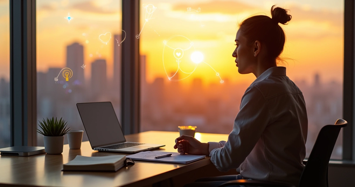 Profissional sentado contemplando a cidade ao pôr do sol com símbolos de propósito e trabalho integrados 