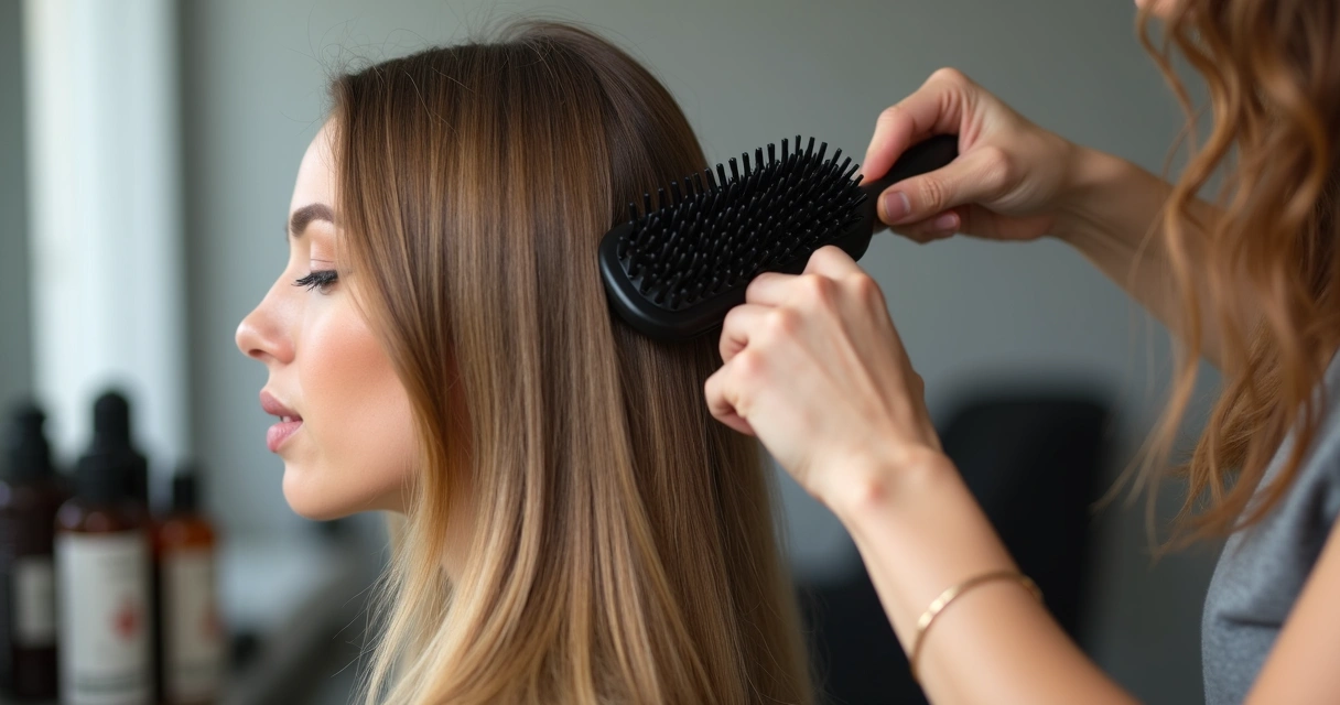 Profissional aplicando escova orgânica em cabelo feminino liso 