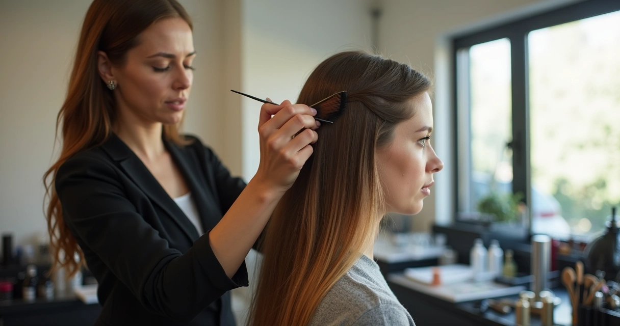Profissional aplicando produto progressivo sem formol em cabelo feminino lisos dentro de salão de beleza, ambiente limpo e bem iluminado 