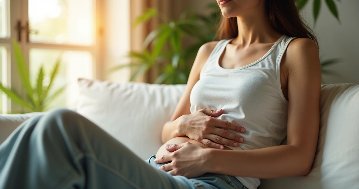 Pessoa segurando abdômen com expressão de alívio em ambiente iluminado 