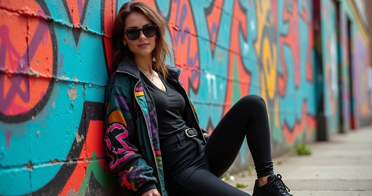 Mulher com look all black e jaqueta esportiva colorida, posando em frente a uma parede grafitada 