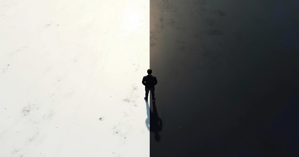 Person standing at a crossroads with one path white and one path black. 