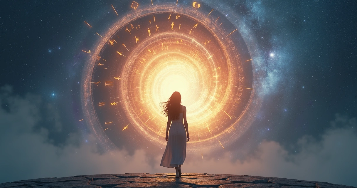 Silhueta feminina diante de espiral luminosa com símbolos astrológicos e sensação de vidas passadas 