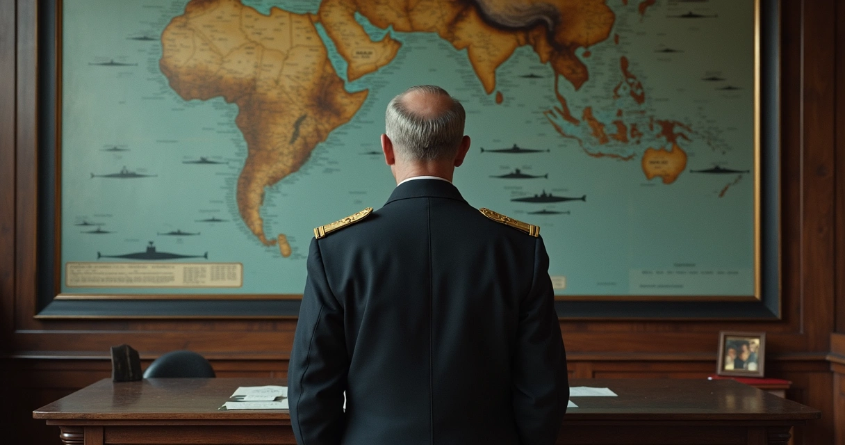 Almirante Karl Dönitz diante de mapas de operações de submarinos