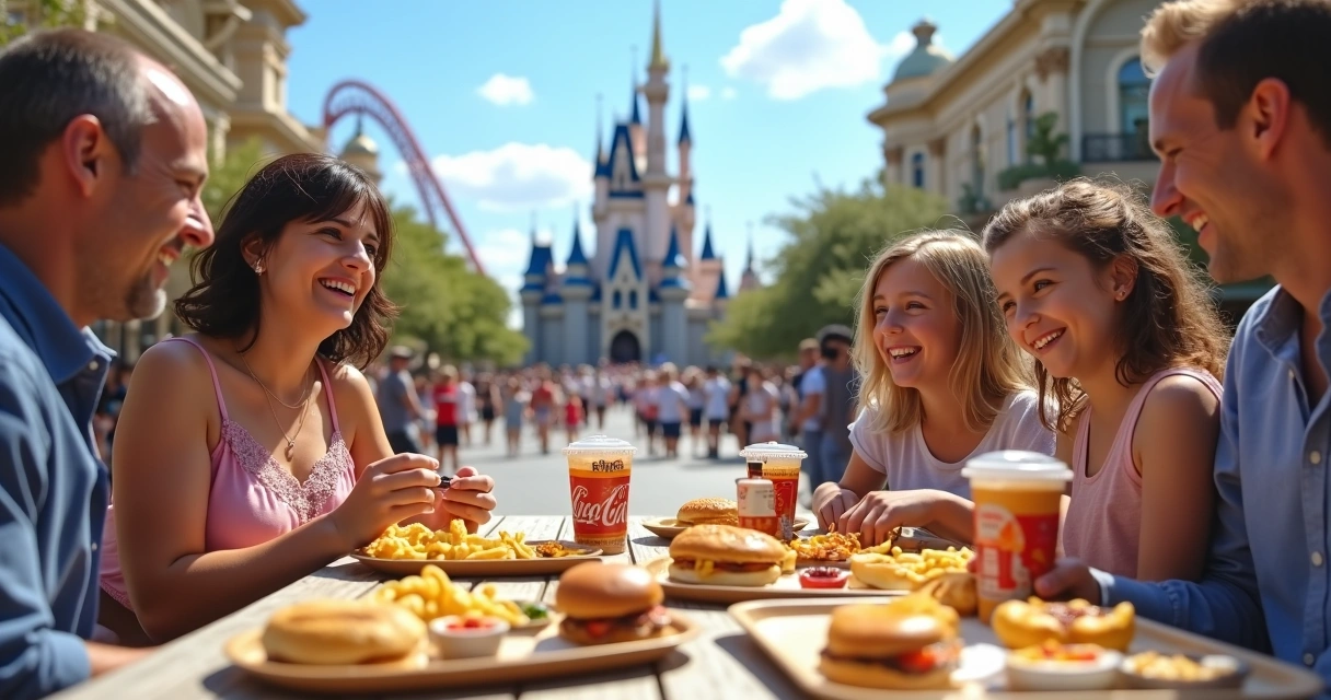 Família sorrindo à mesa com refeições rápidas em parque temático 