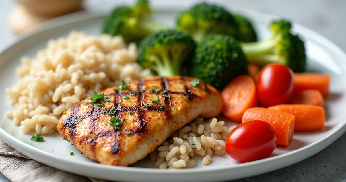 Prato de almoço equilibrado com proteínas, vegetais e grãos 