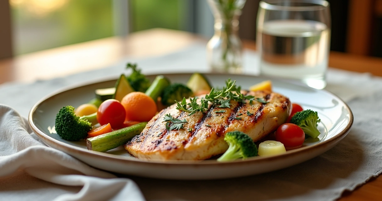 Prato de frango grelhado com legumes coloridos 