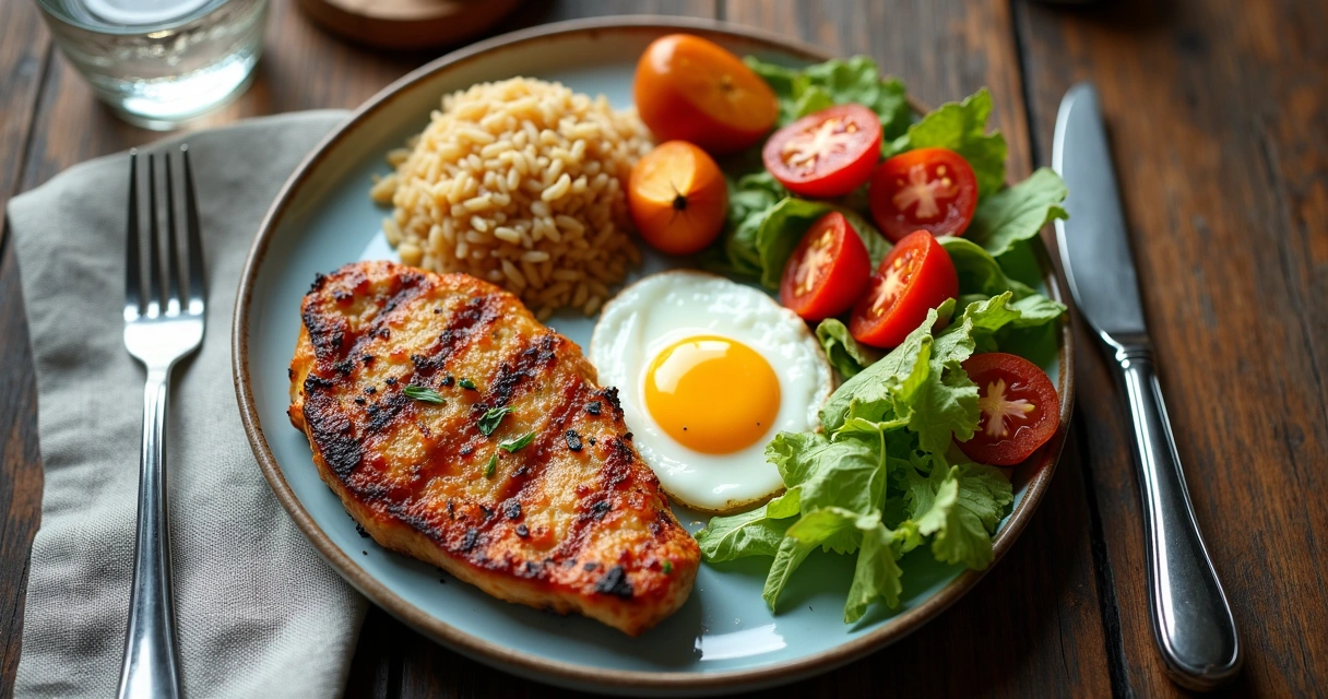 Prato com arroz, peito de frango grelhado, ovo cozido, batata doce e salada de legumes